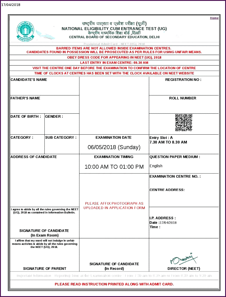 NEET Admit Card 2018