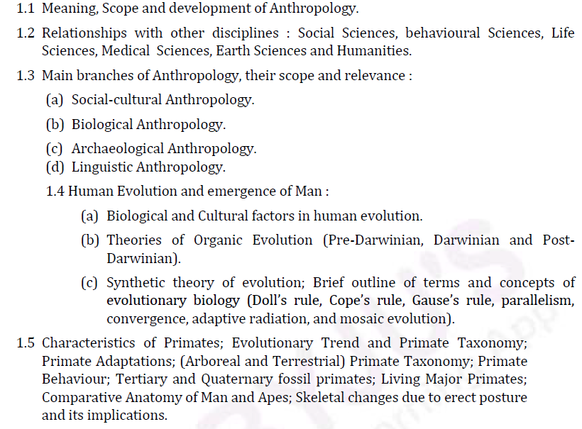 UPSC Anthropology Syllabus for IAS Mains- Anthropology Syllabus Paper-I 1