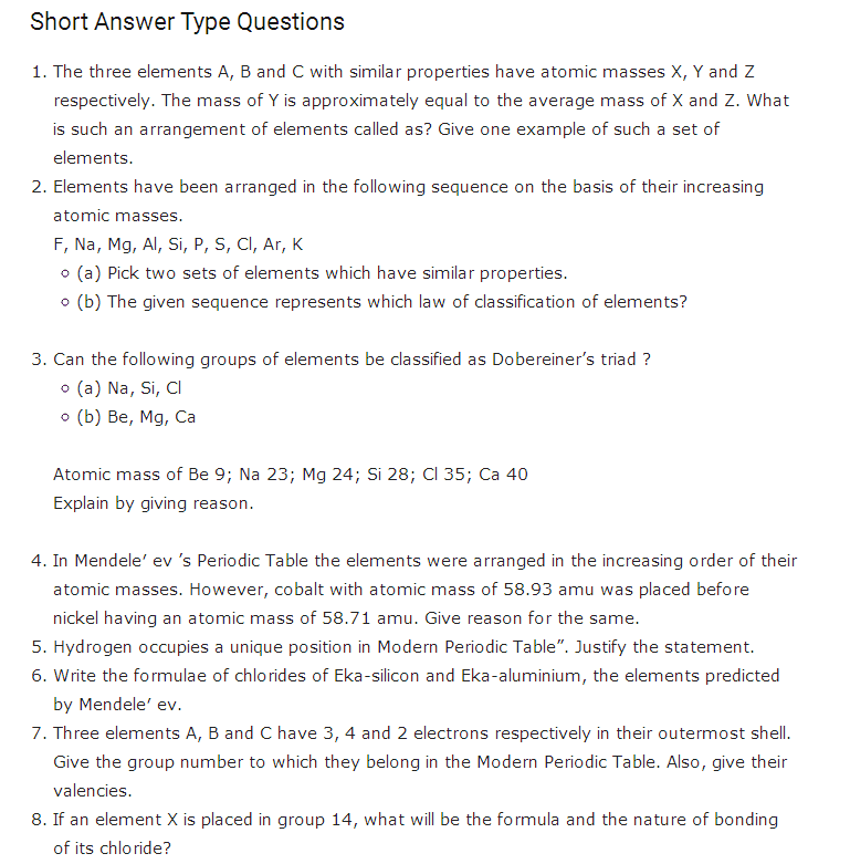 Important Questions For Class 10 Science Chapter 5 Periodic Classification Of Elements