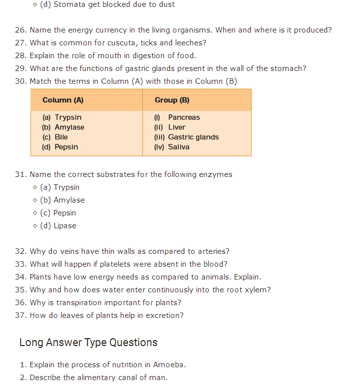 Important Questions For Class 10 Science Chapter 6 Life Processes