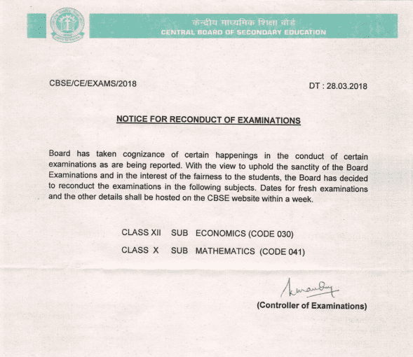 CBSE Orders Re-exam CBSE Orders Re-exam