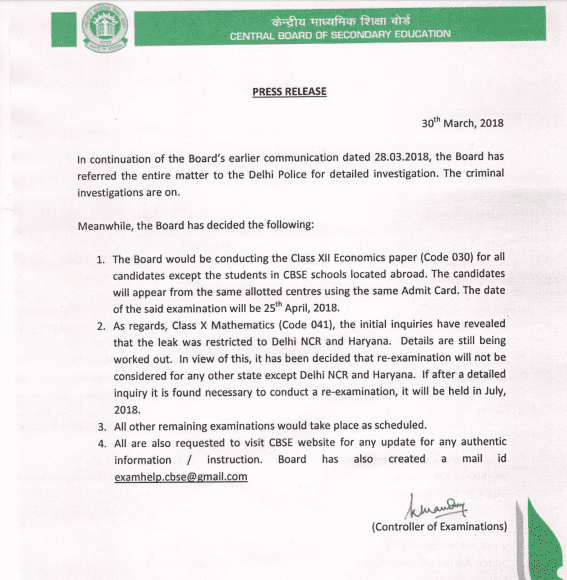 No Re-exam For CBSE Class 10 Mathematics Paper No Re-exam For CBSE Class 10 Mathematics Paper