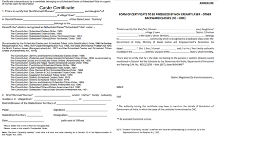 Caste Certificate Format