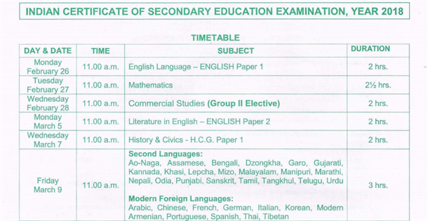 ICSE Time Table 2018 ICSE Time Table 2018