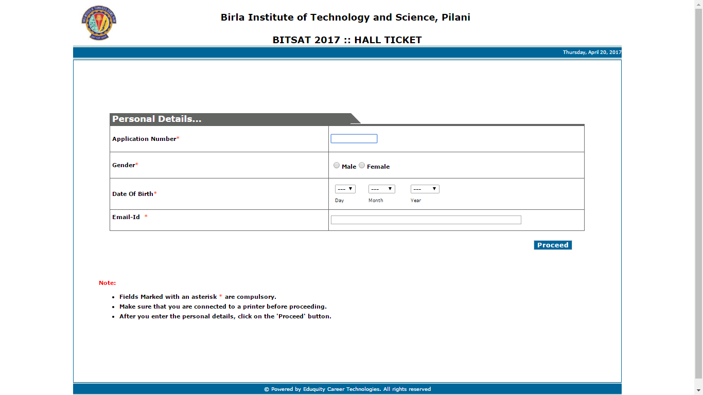 BITSAT 2017 Admit Card