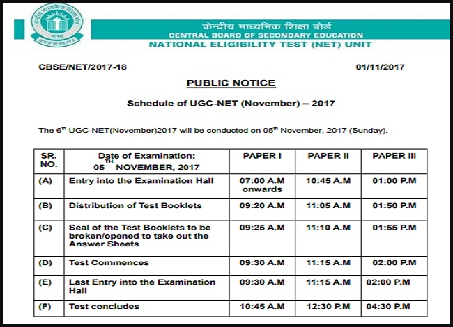 UGC NET 2017 Exam Schedule 