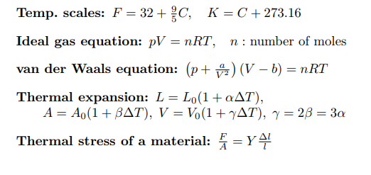 physics formulas Class 11: Heat and Temperature