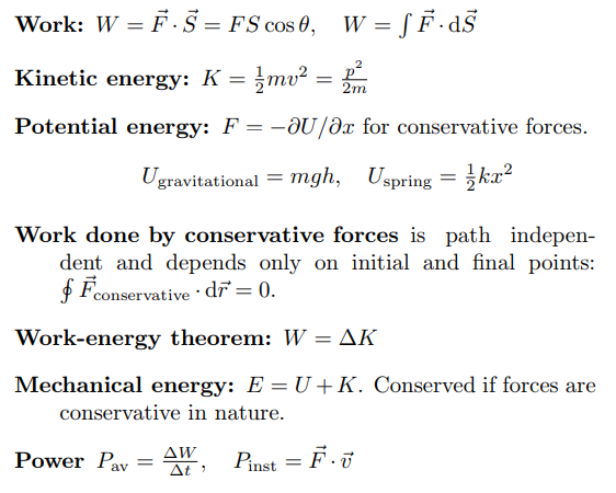 Physics Formulas of Class 11 Work, Power and Energy