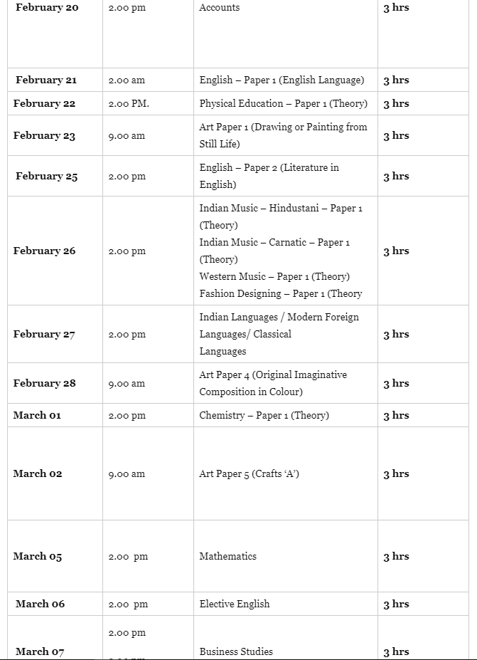 class time 9 exam table Class Board  ICSE Board exam and 12 10 Exam Sheet Date