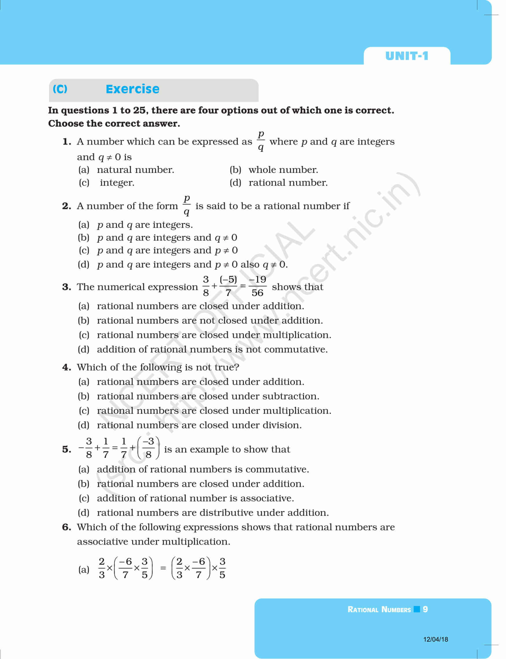 NCERT Exemplar Class 8 Maths Solutions Chapter 1 -Rational Numbers ...