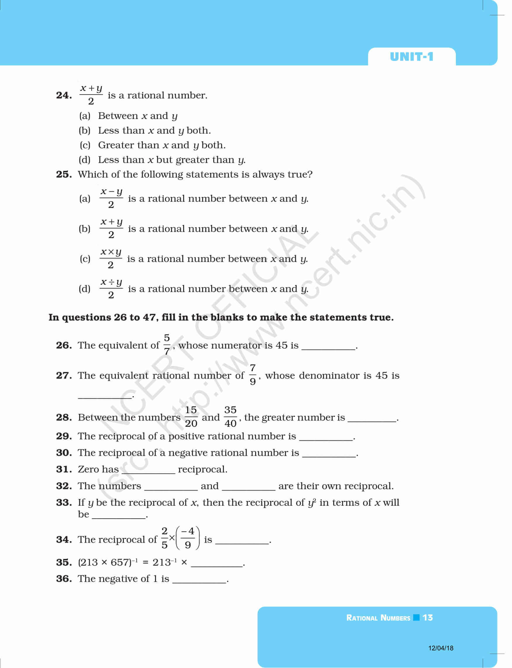 NCERT Exemplar Class 8 Maths Solutions Chapter 1 -Rational Numbers ...