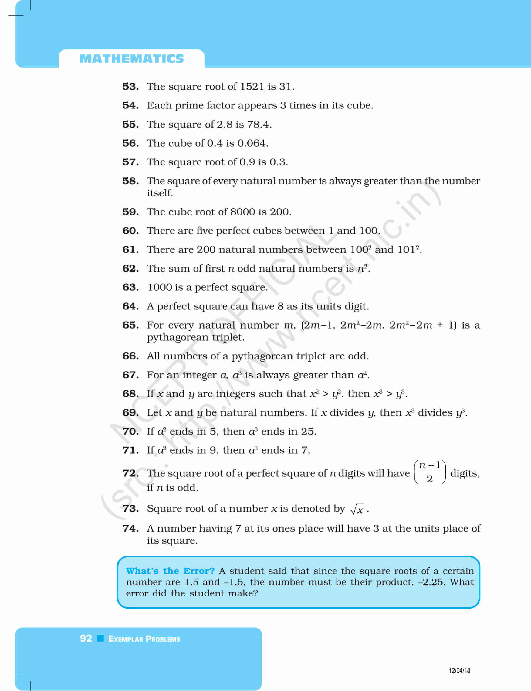 NCERT Exemplar Class 8 Maths Solutions Chapter 3 - Squares And Square Roots