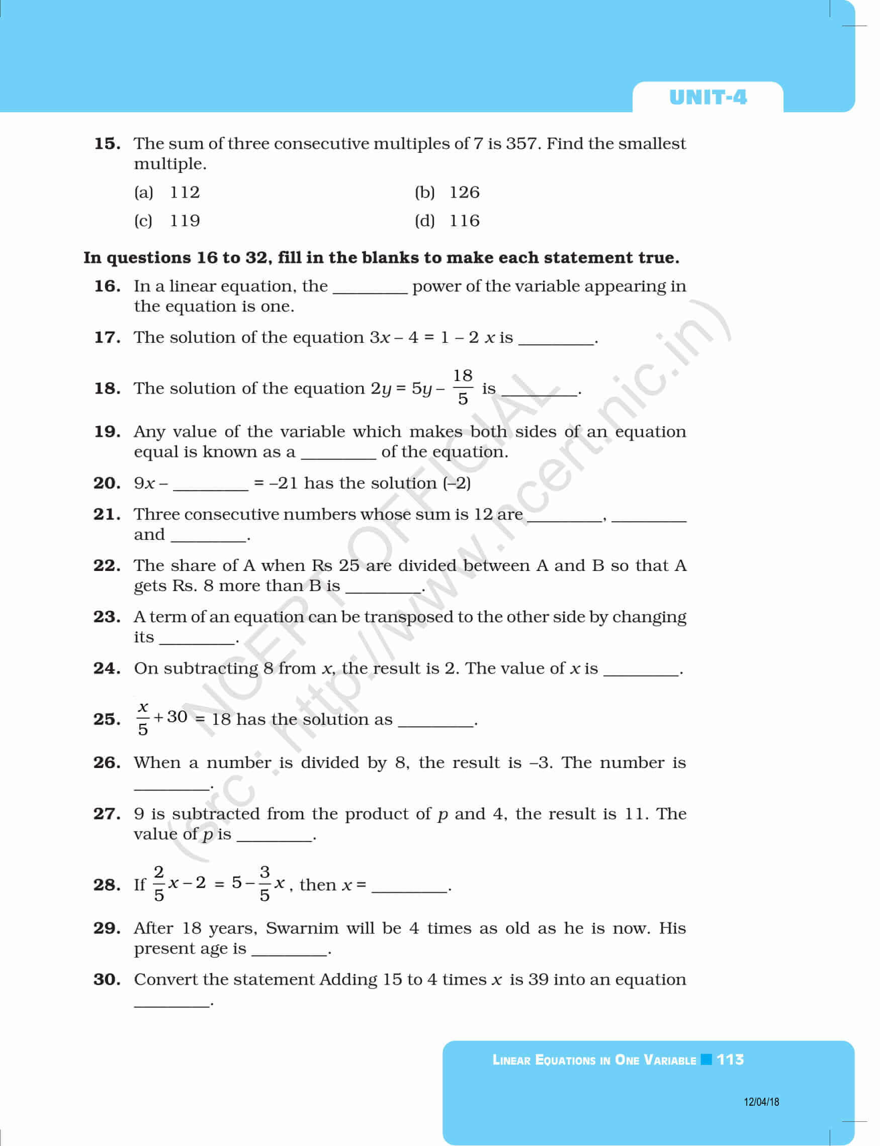NCERT Exemplar Class 8 Maths Solutions Chapter 4 Linear Equations in
