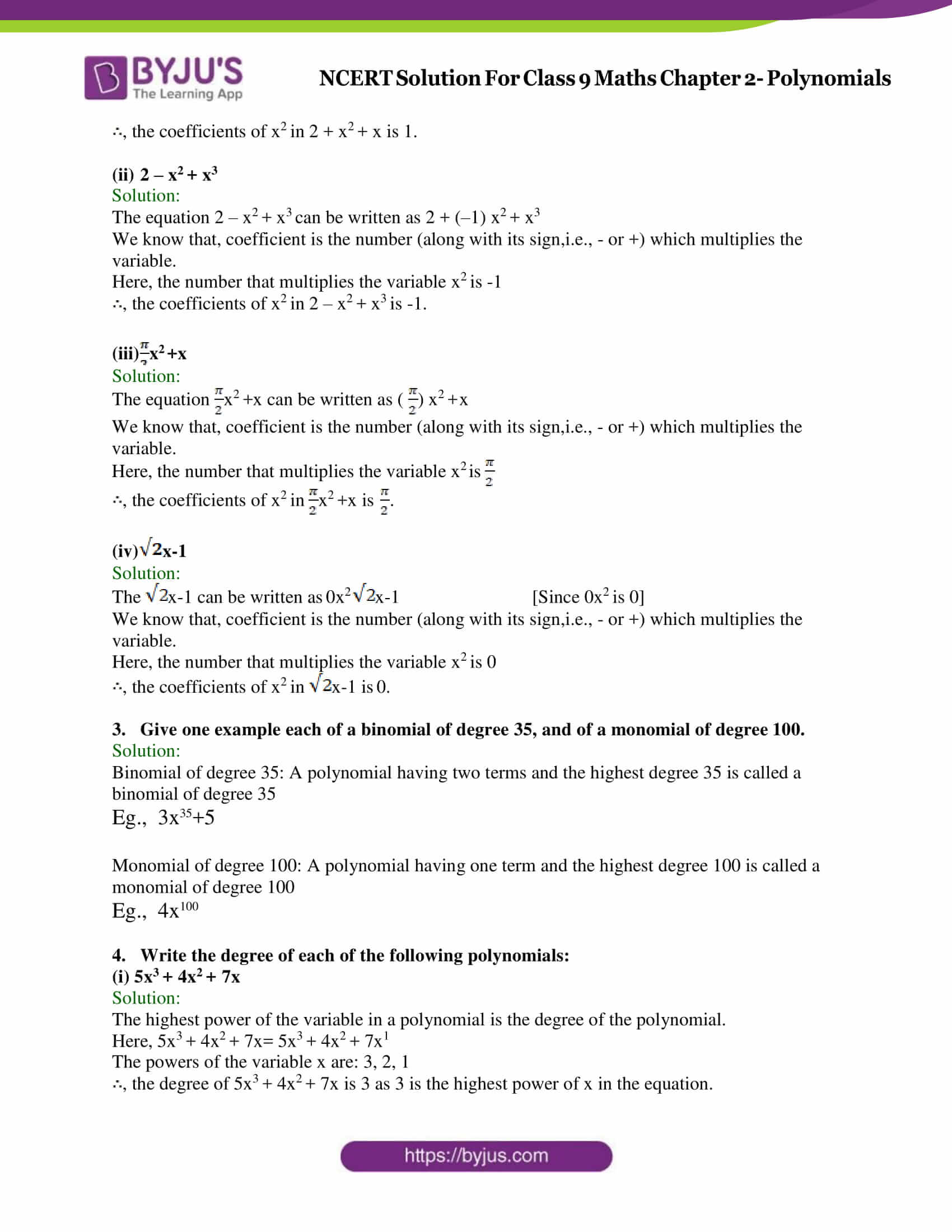 NCERT Solutions for Class 9 Maths Exercise 2.1 Chapter 2- polynomial