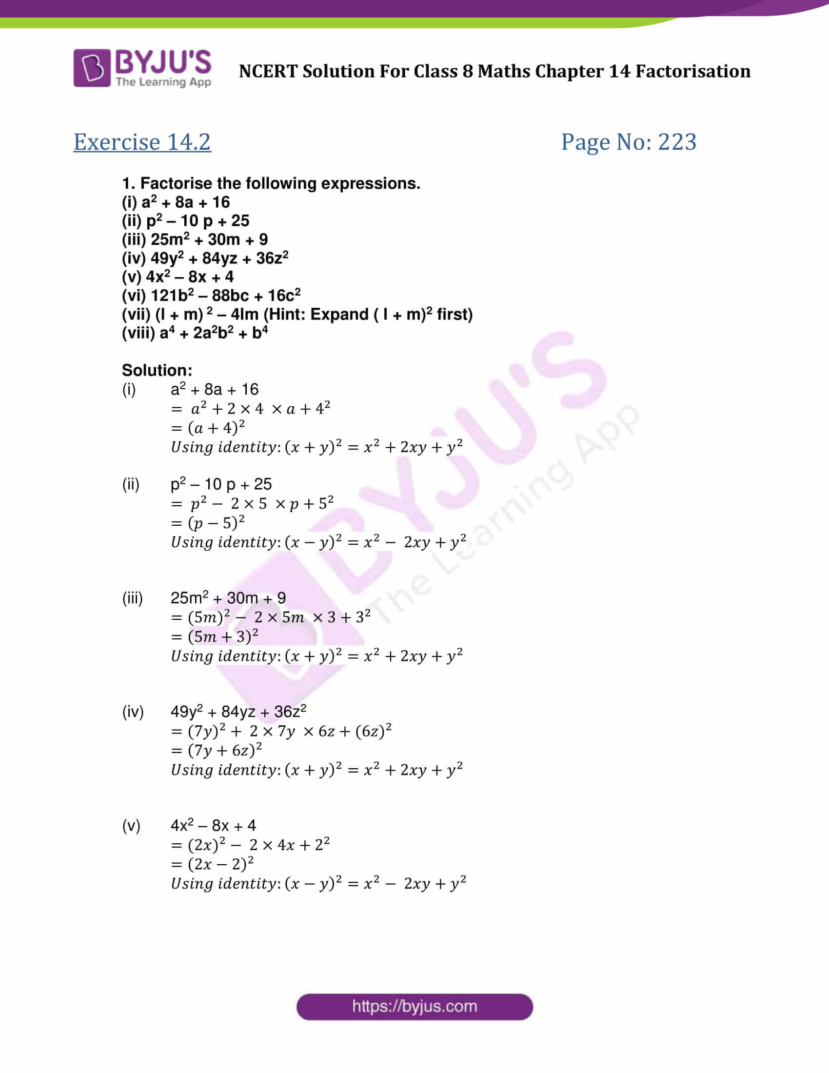 NCERT Solutions Class 8 Maths Chapter 14 Factorisation Click Here To