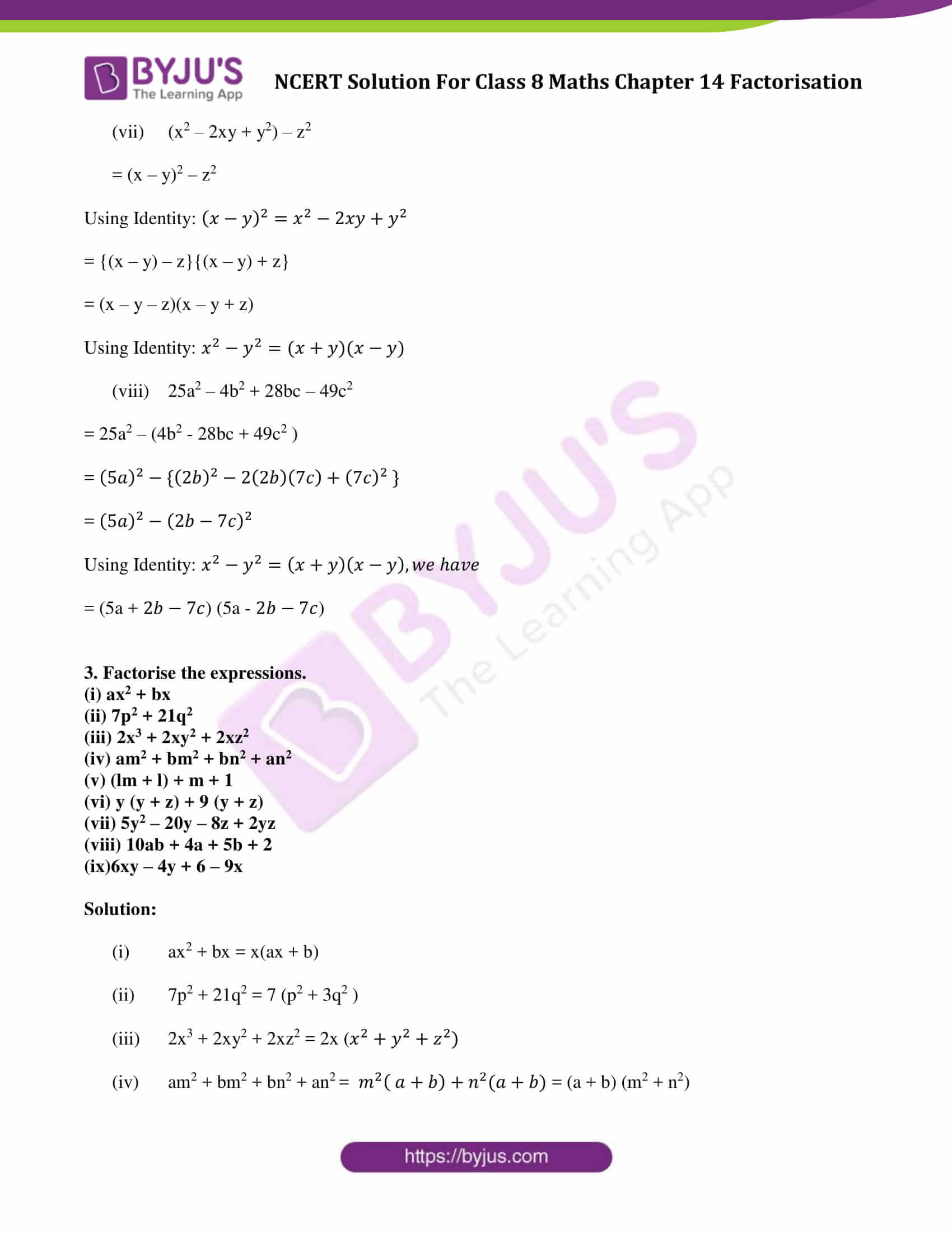 NCERT Solutions Class 8 Maths Chapter 14 Factorisation Click Here To