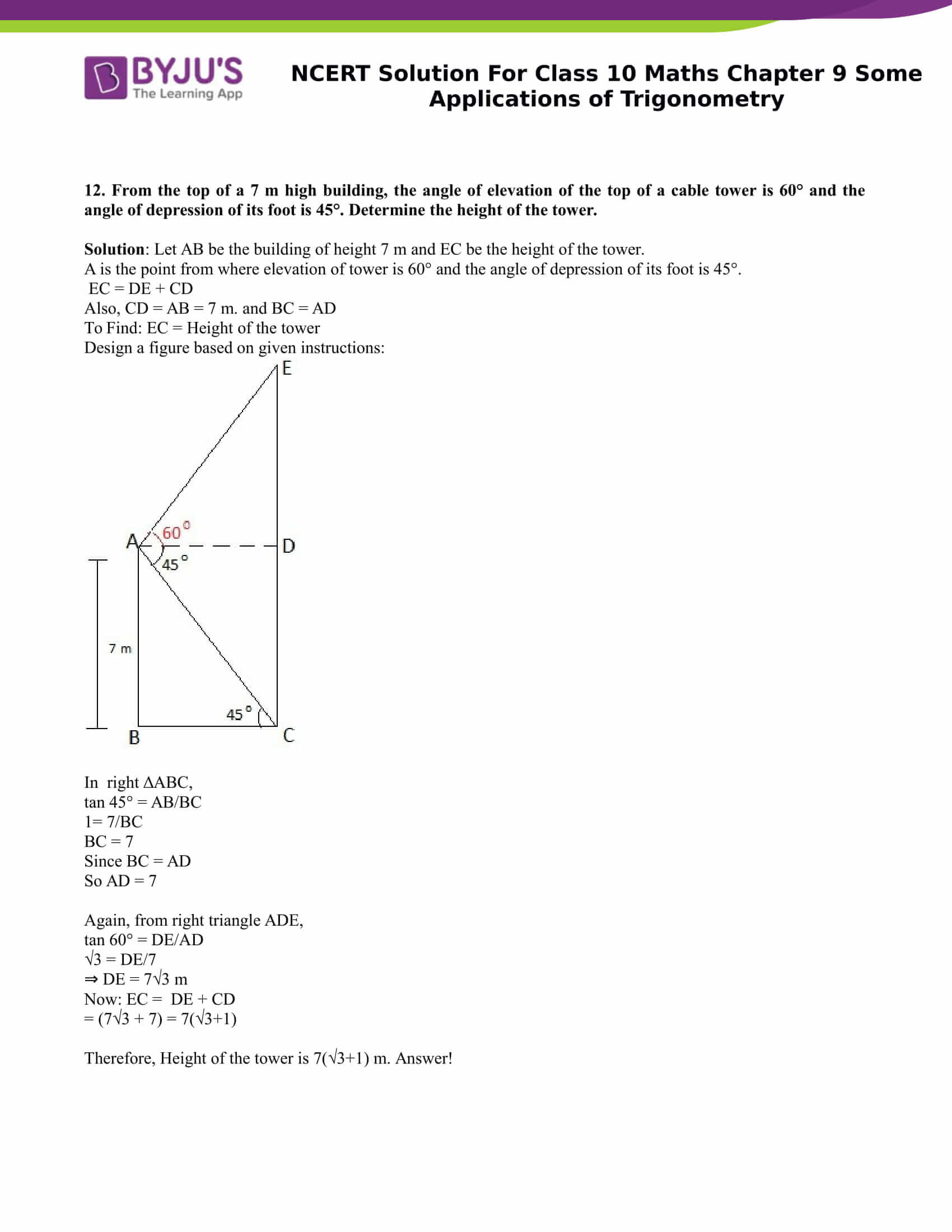 Ncert Solutions Class 10 Maths Chapter 9 Some Applications Of Trigonometry Ncert Solutions Class 10 Maths Chapter 9 Some Applications Of Trigonometry