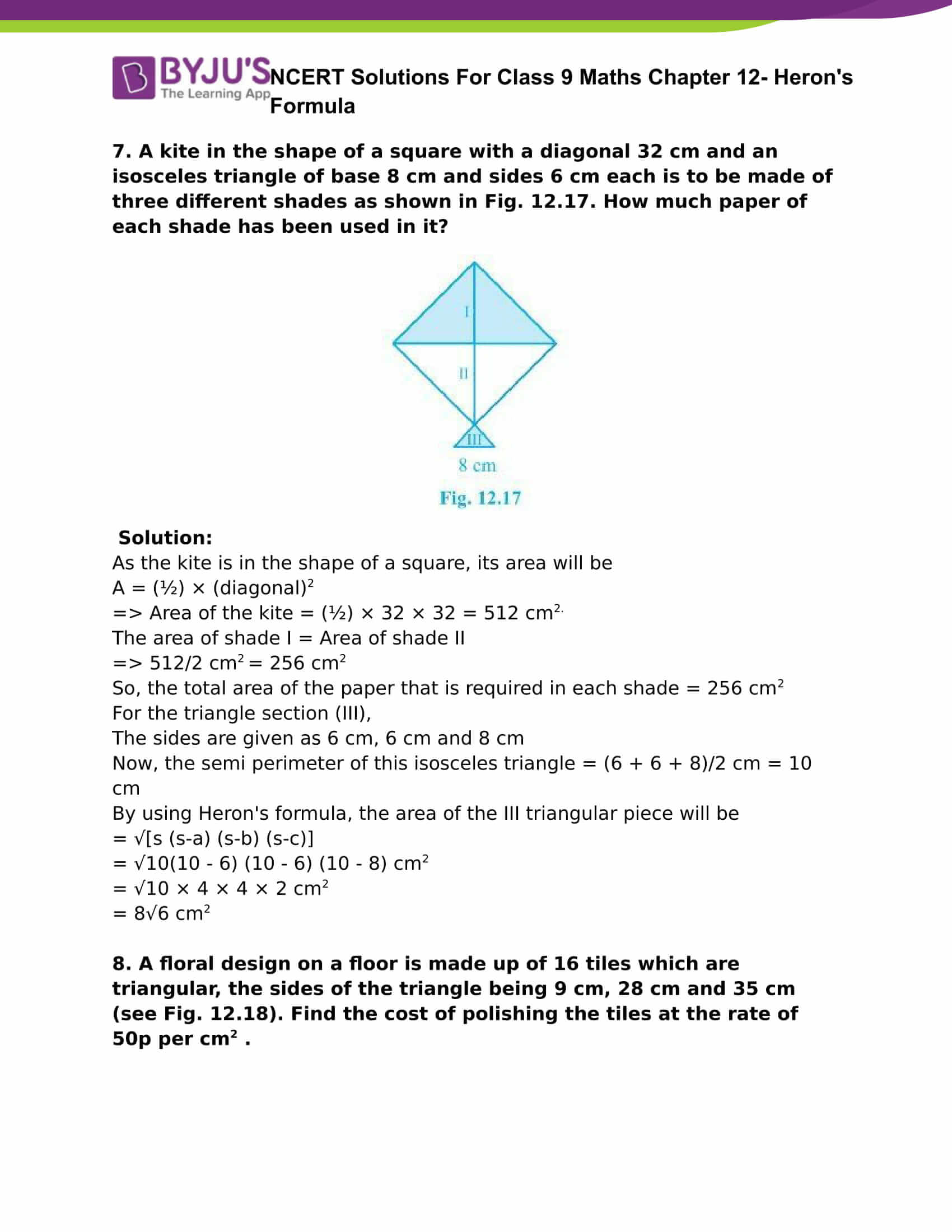 assignment on herons formula class 9