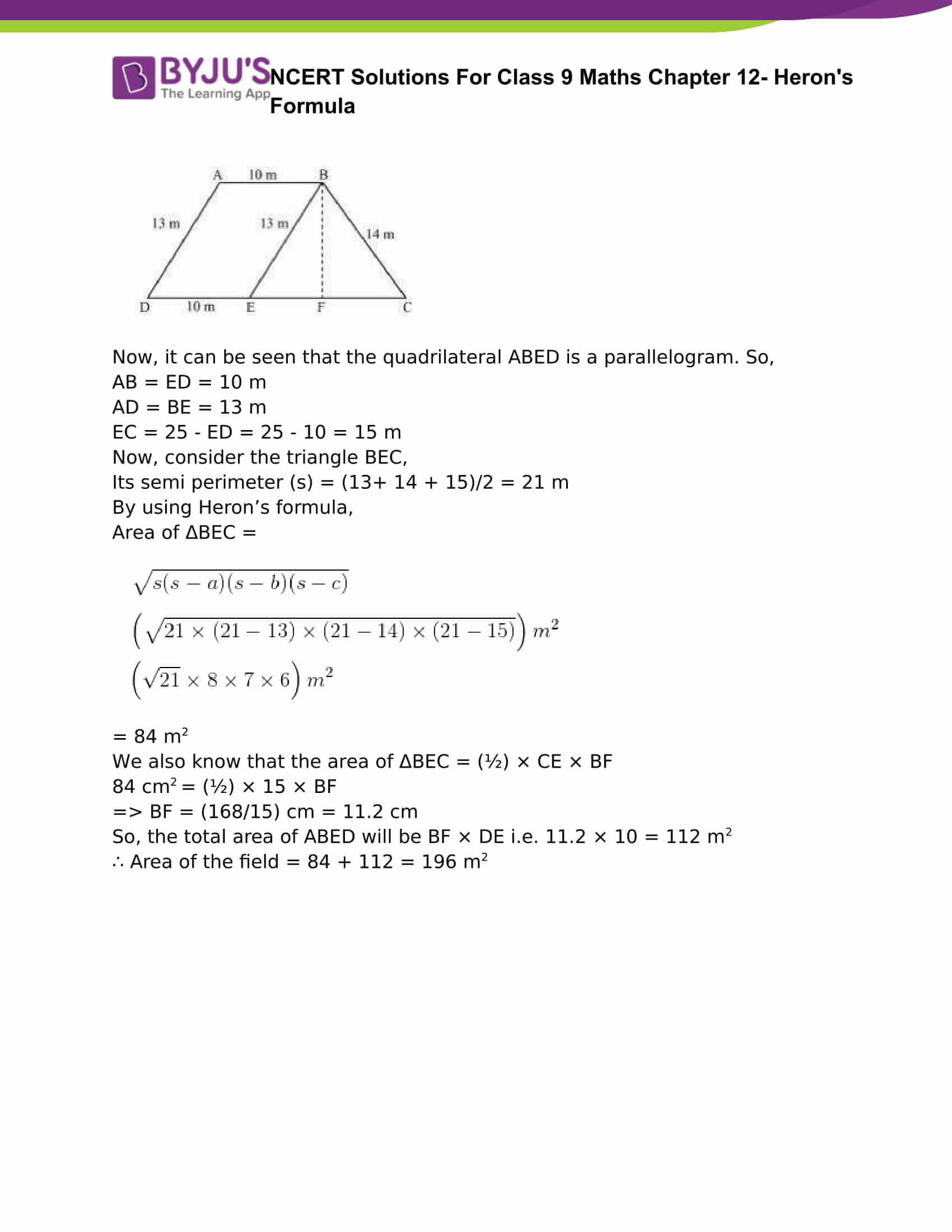 NCERT Solutions Class 9 Maths Chapter 12 Herons Formula - Free Download