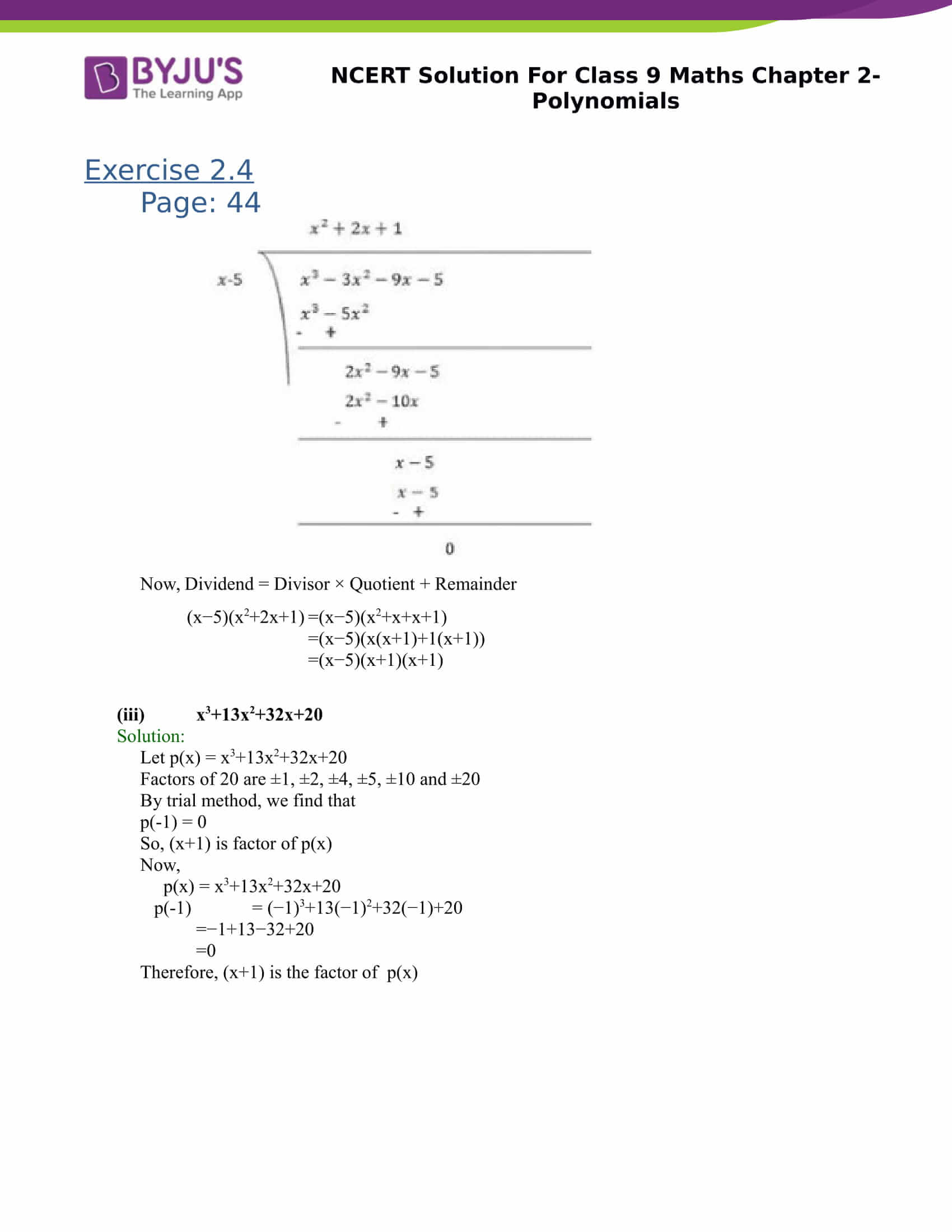 NCERT Solutions Class 9 Maths Chapter 2 Polynomial - Download Now