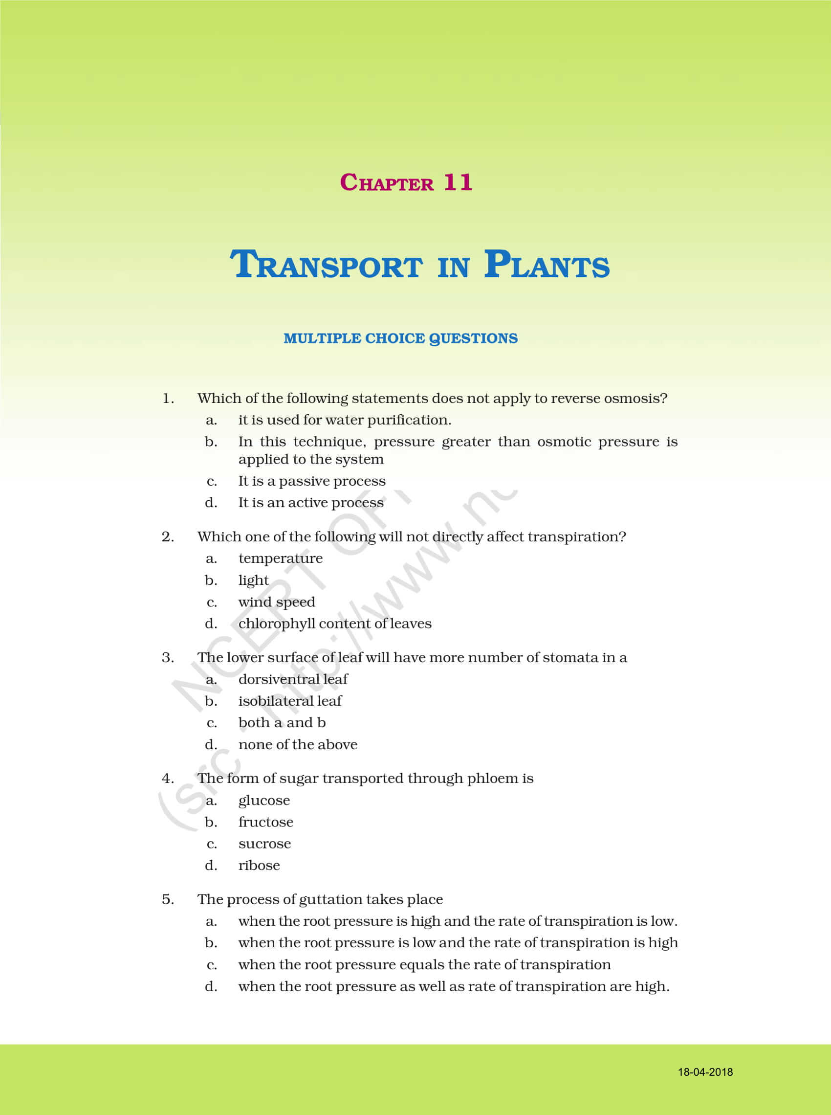 NCERT Exemplar Solution for Class 11 Biology Chapter 11  Download PDF here