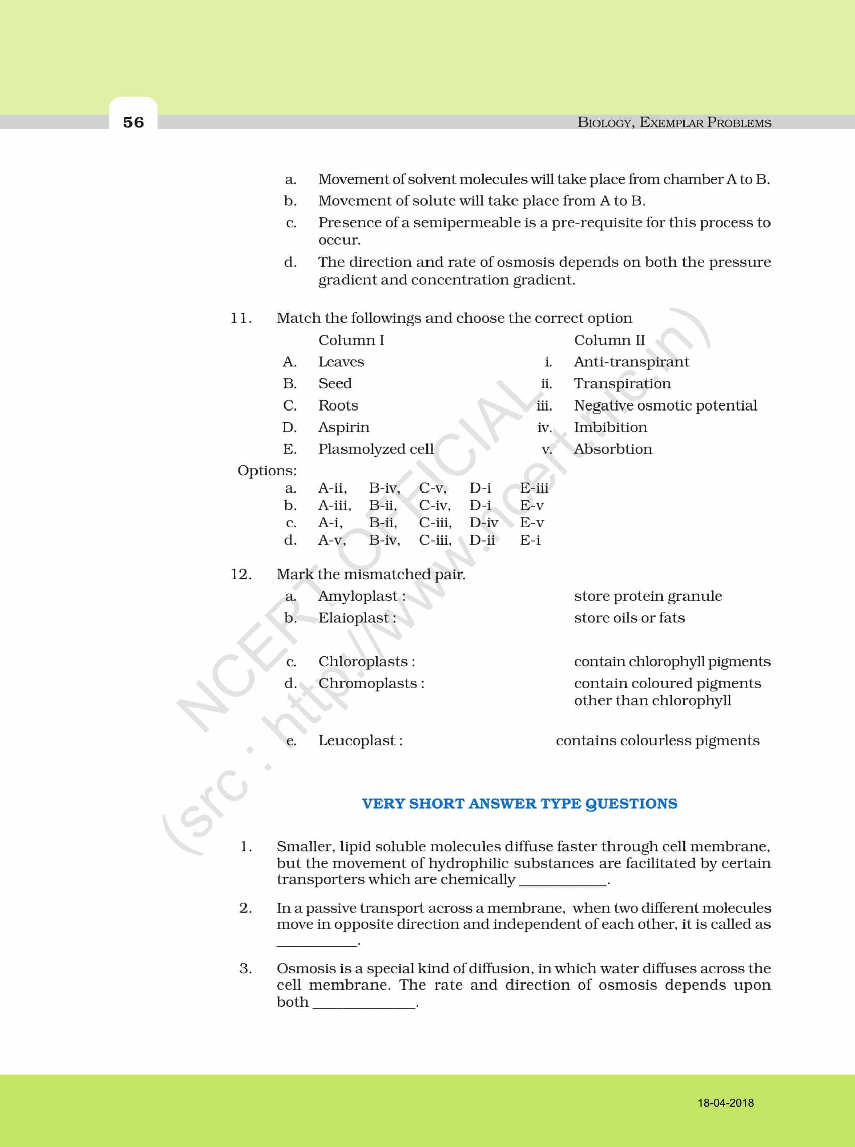 NCERT Exemplar Solution for Class 11 Biology Chapter 11 | Download PDF here