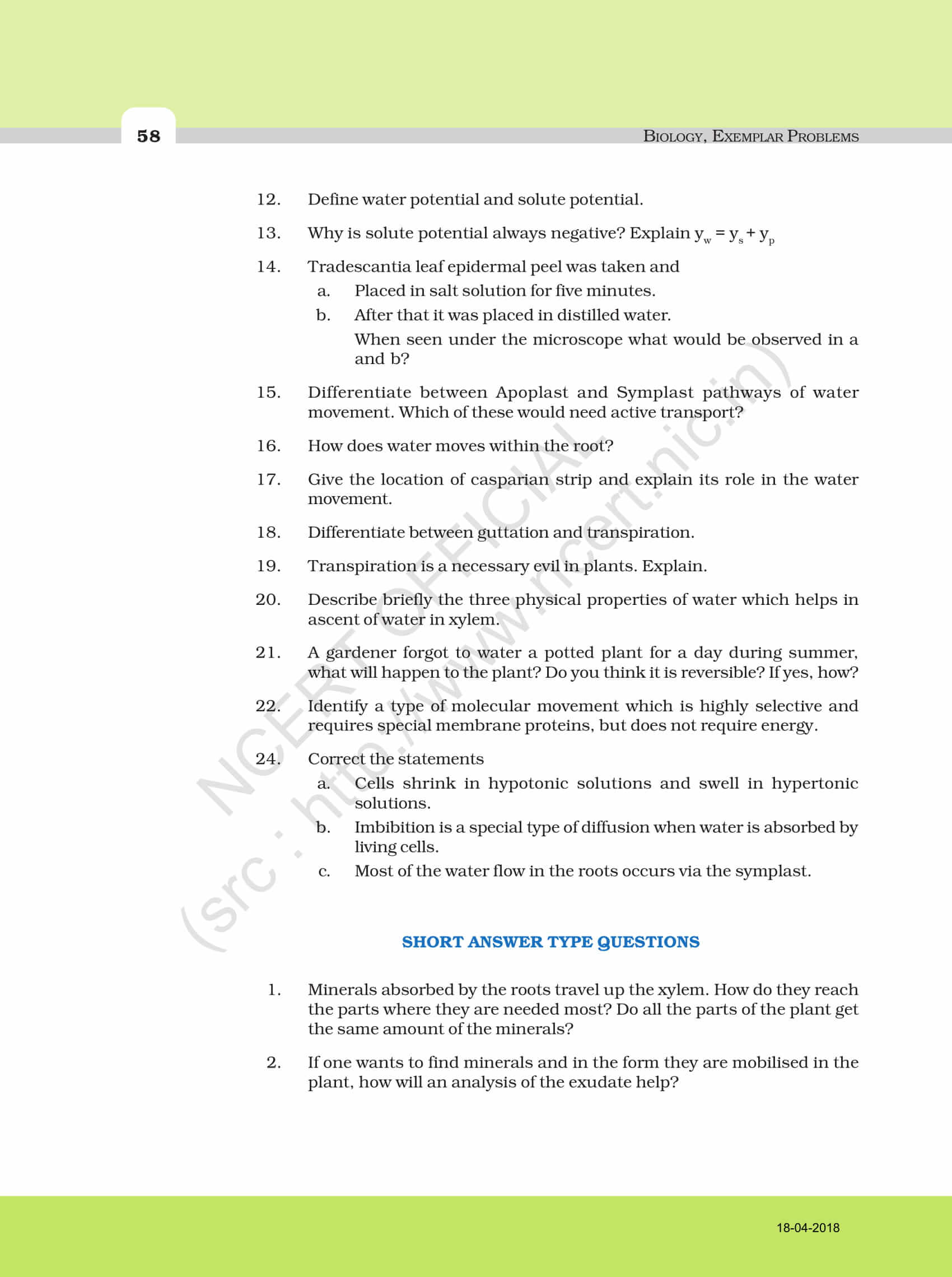 NCERT Exemplar Solution For Class 11 Biology Chapter 11 Download PDF Here