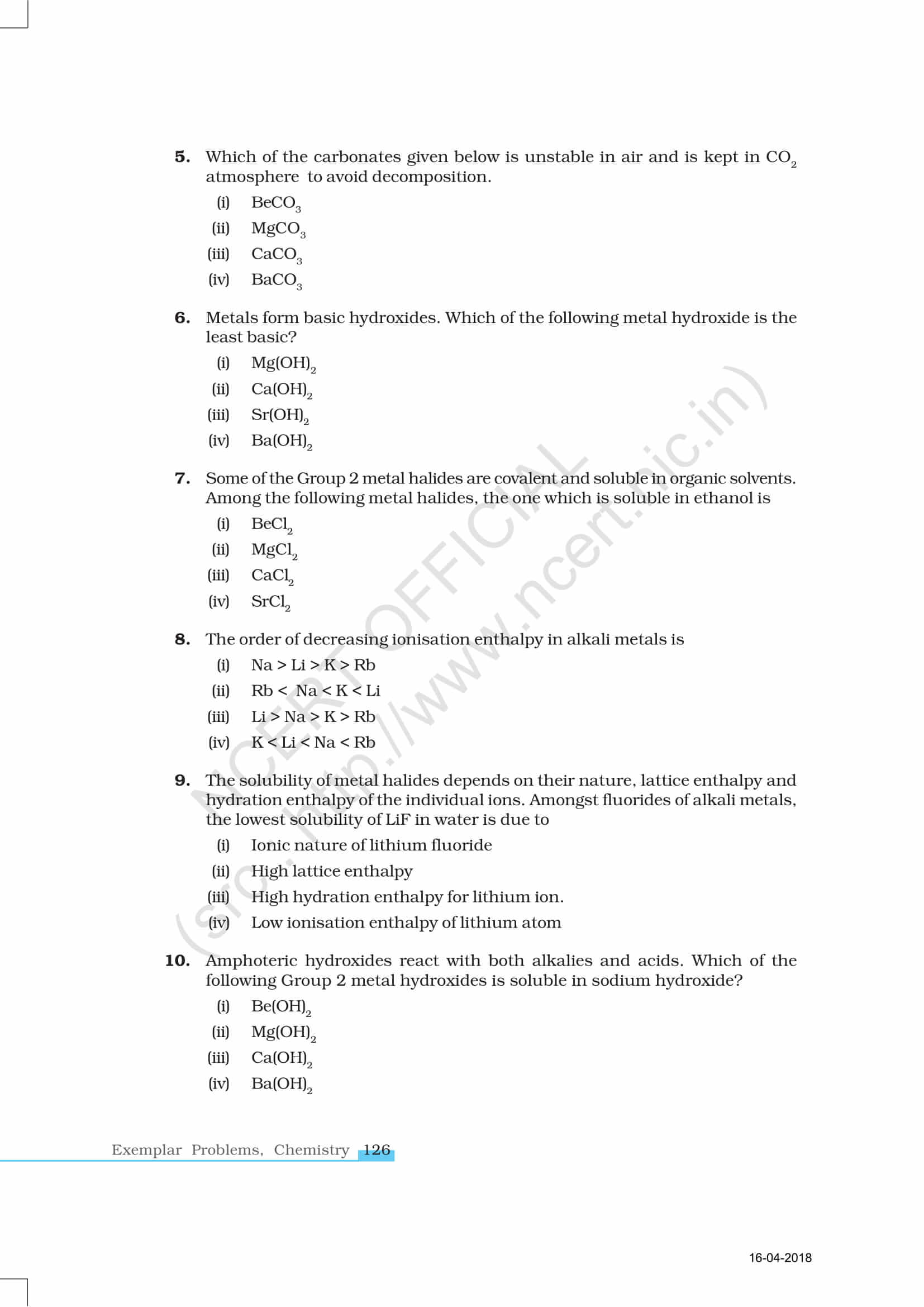 NCERT Exemplar Class 11 Chemistry Solutions Chapter 10 - S Block ...