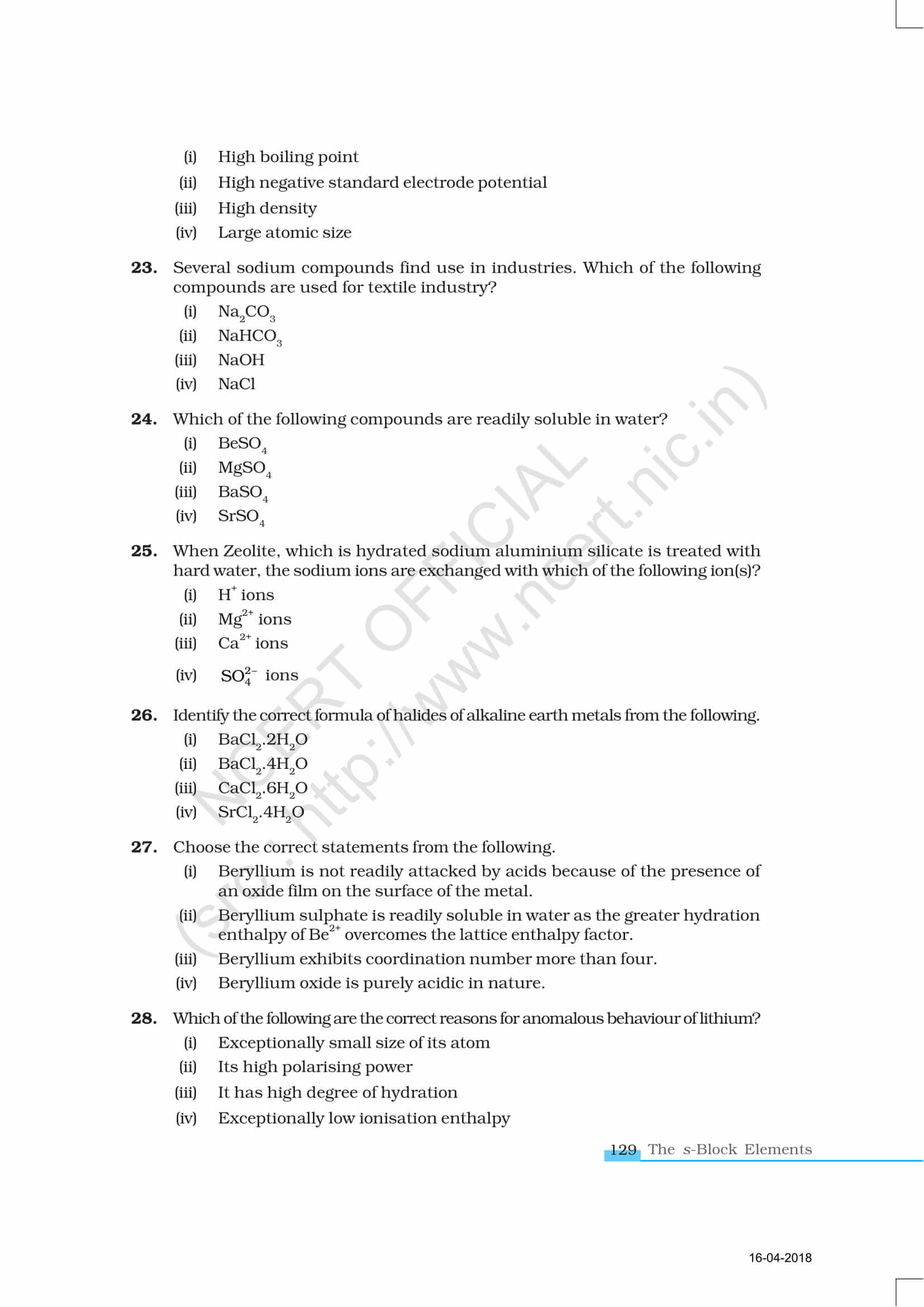 NCERT Exemplar Class 11 Chemistry Solutions Chapter 10 - S Block ...