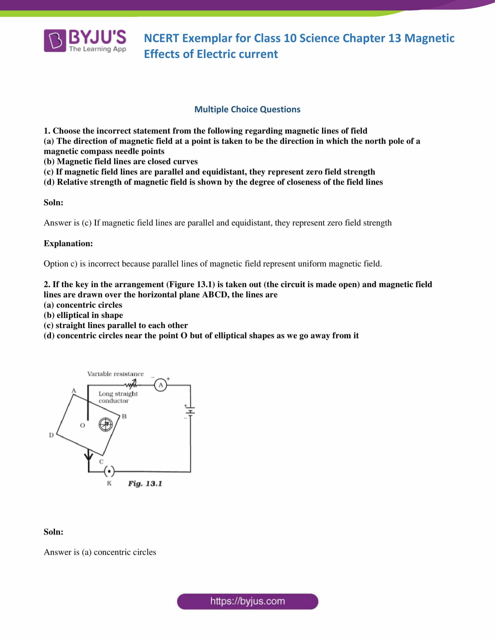 NCERT Exemplar Class 10 Science Solutions Chapter 13 - Magnetic Effects of  Electric Current