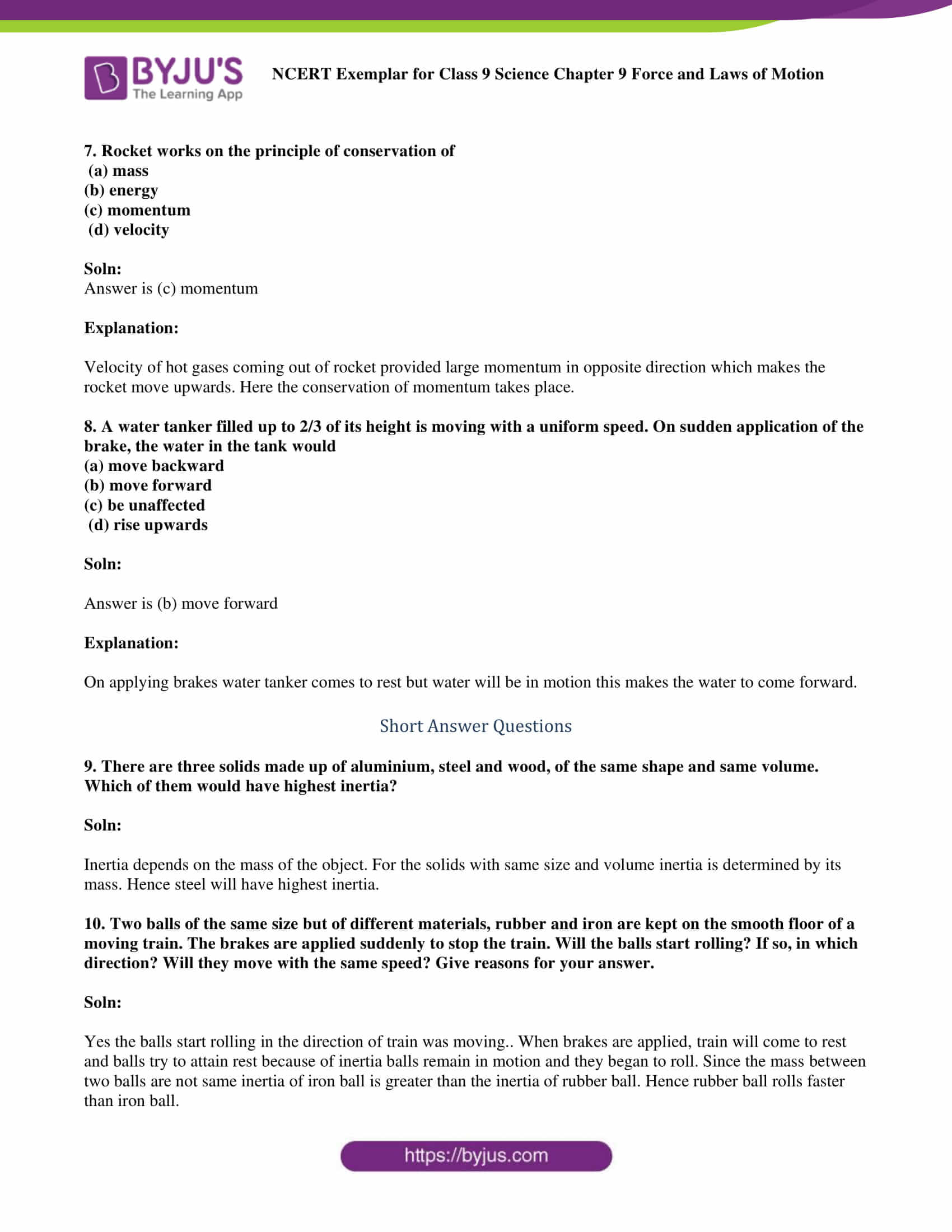 NCERT Exemplar Class 9 Science Solutions Chapter 9 - Force and Laws of  Motion