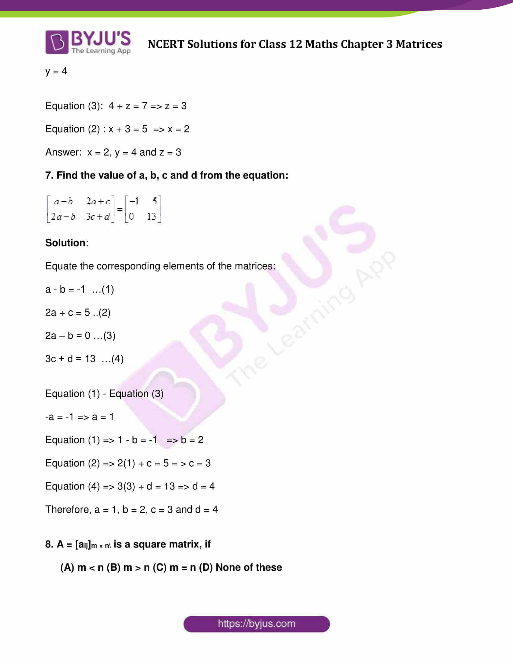 NCERT Solutions Class 12 Maths Chapter 3 Matrices - Free Download