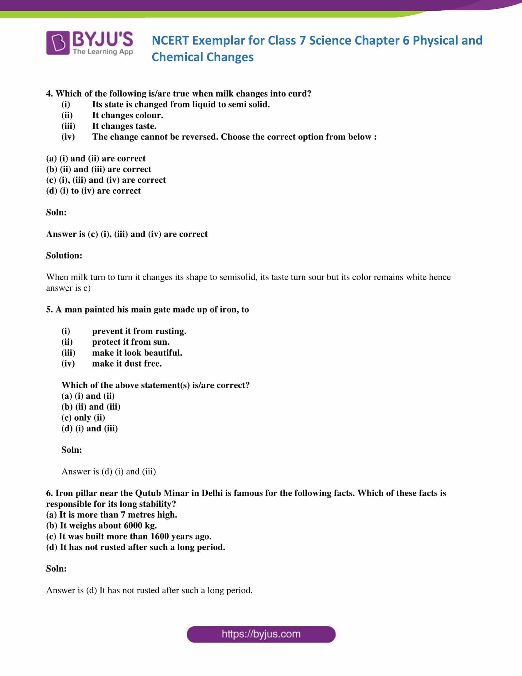 Ncert Exemplar Solutions For Class 7 Science Chapter 6 Physical And Chemical Changes