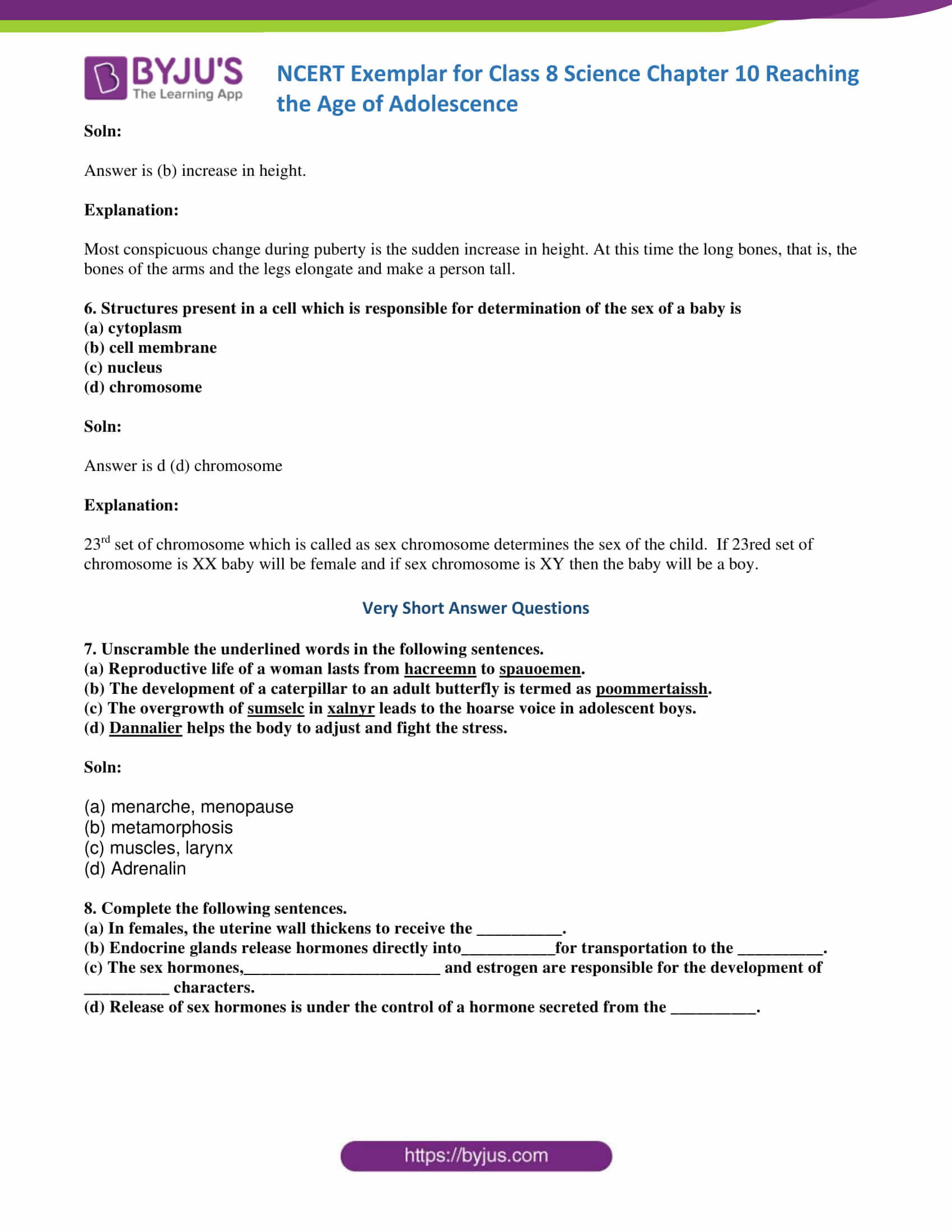 NCERT Exemplar Class 8 Science Solutions Chapter 10 - Reaching the Age of  Adolescence