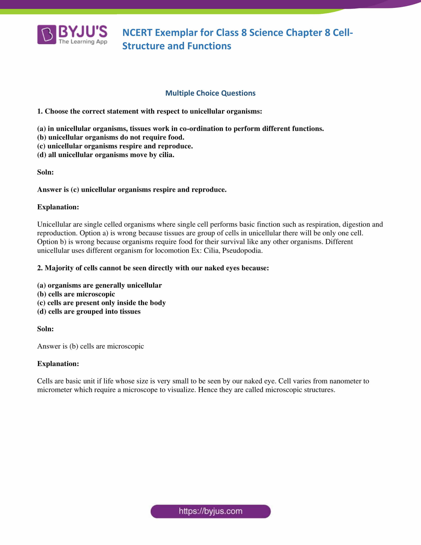 Ncert Exemplar Class 8 Ncert Exemplar Science Solutions Chapter 8 Cell Structure And Functions