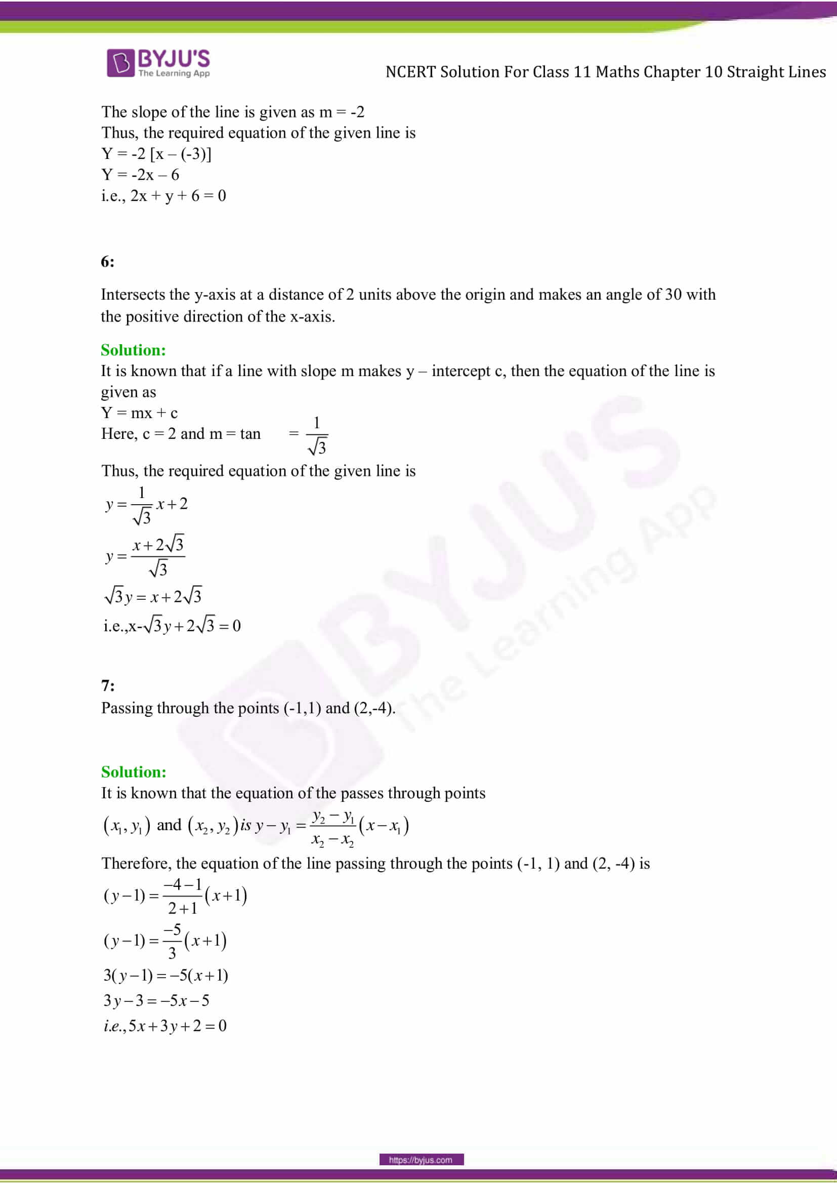 NCERT Solutions for Class 11 Maths Exercise 10.2 Chapter 10- straight lines