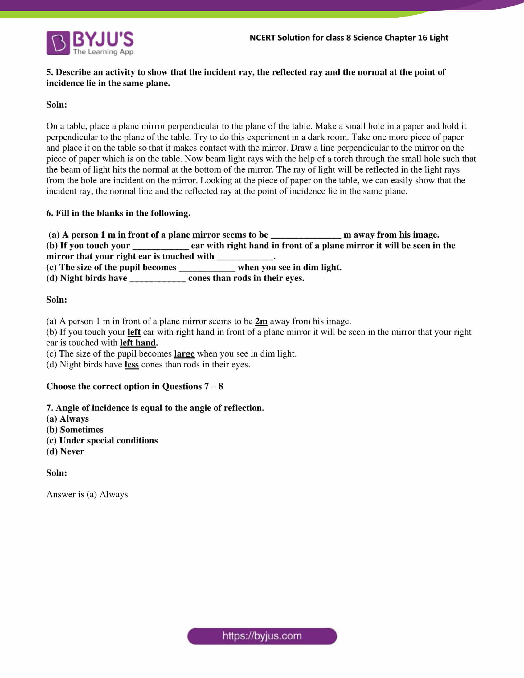 Ncert Solutions For Class 8 Science Chapter 16 Light