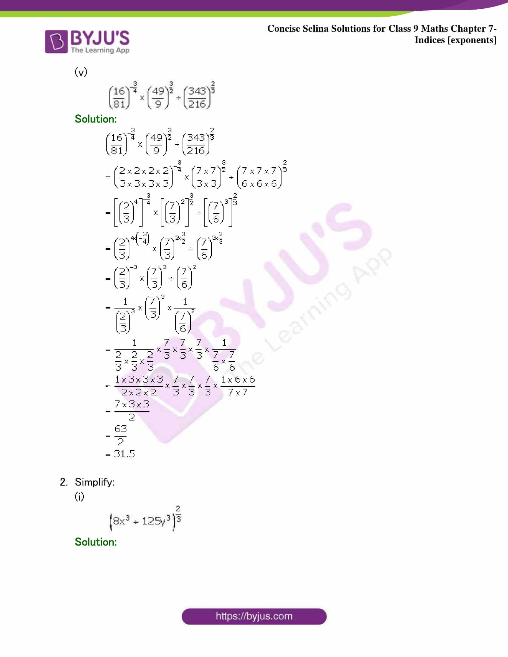 for 9 Chapter Solutions Selina Maths Class Indices Concise 7- Selina for 9 Class Chapter Indices Solutions 7- Concise Maths