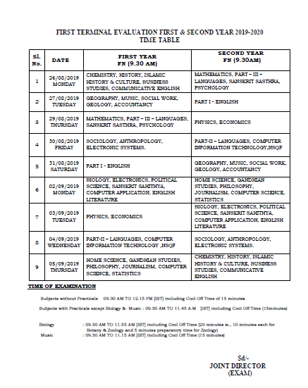 Kerala Board First Terminal Evaluation 1st & 2nd Year Time Table 2019-2020