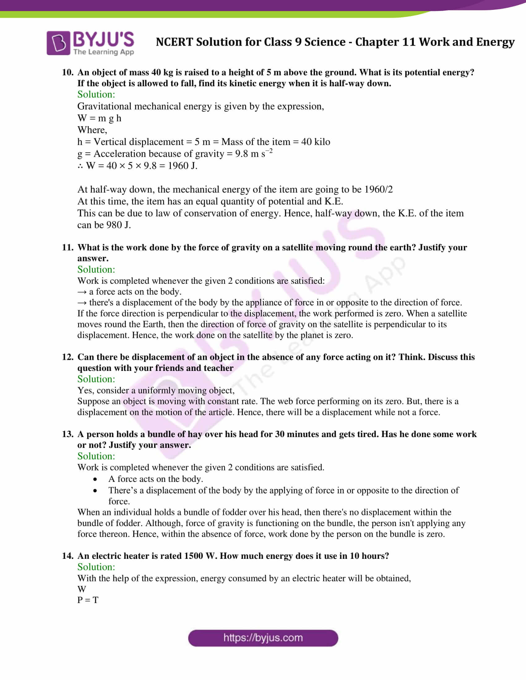 Work And Energy Class 9 Solved Numericals Pdf NCERT Solutions Class 9 Science Chapter 11 Work And Energy - Updated