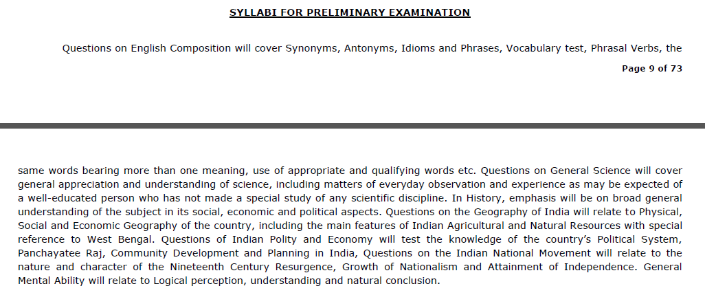 WBCS Prelims Syllabus