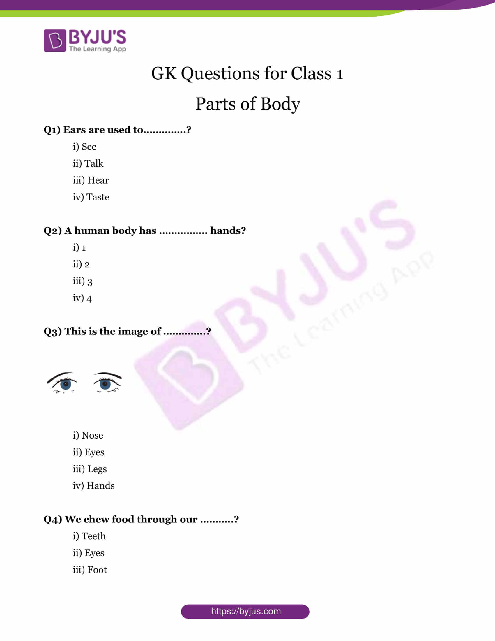 Gk Questions For Class 1 On Parts Of Body Know Facts And Functions Of Human Body