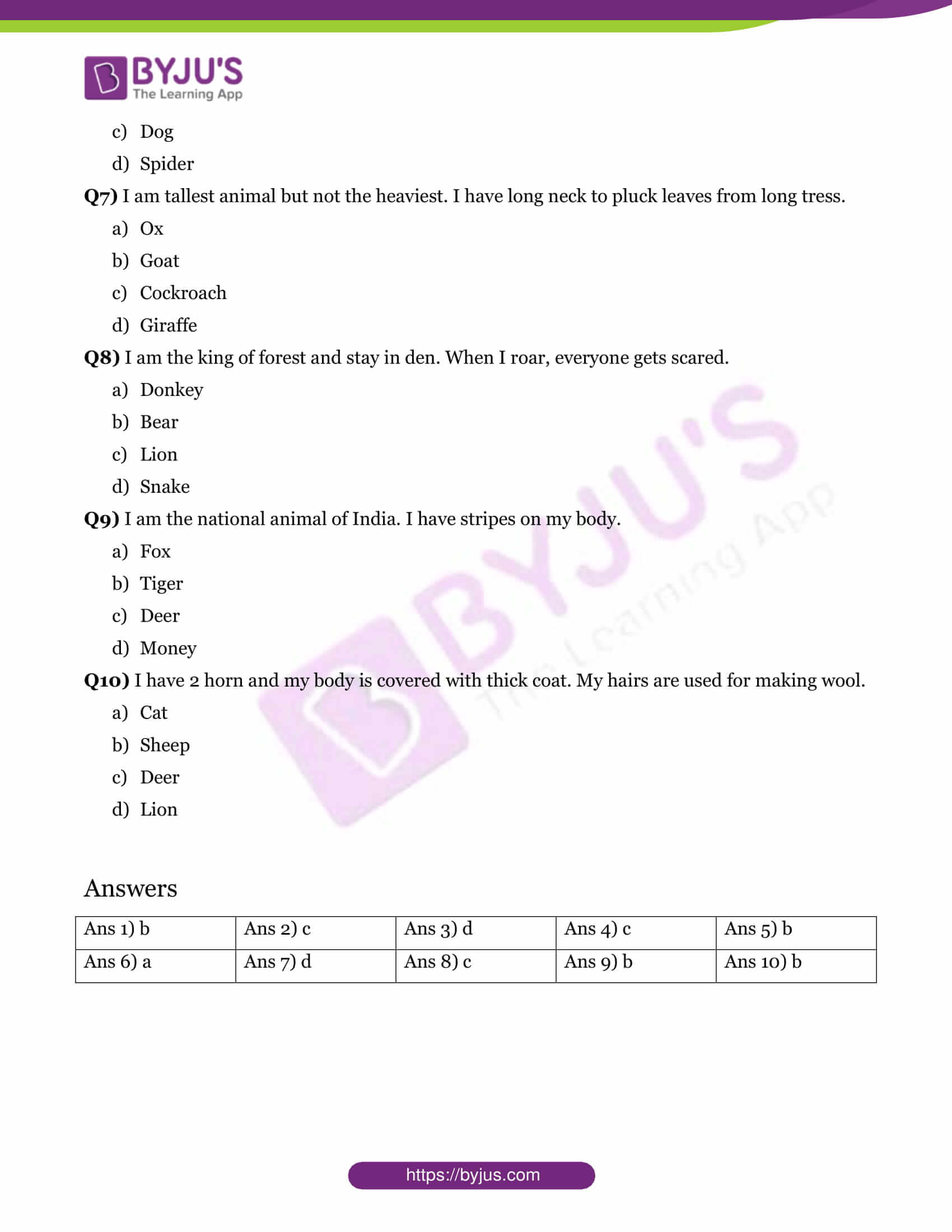 GK Questions for Class 1 - Animals