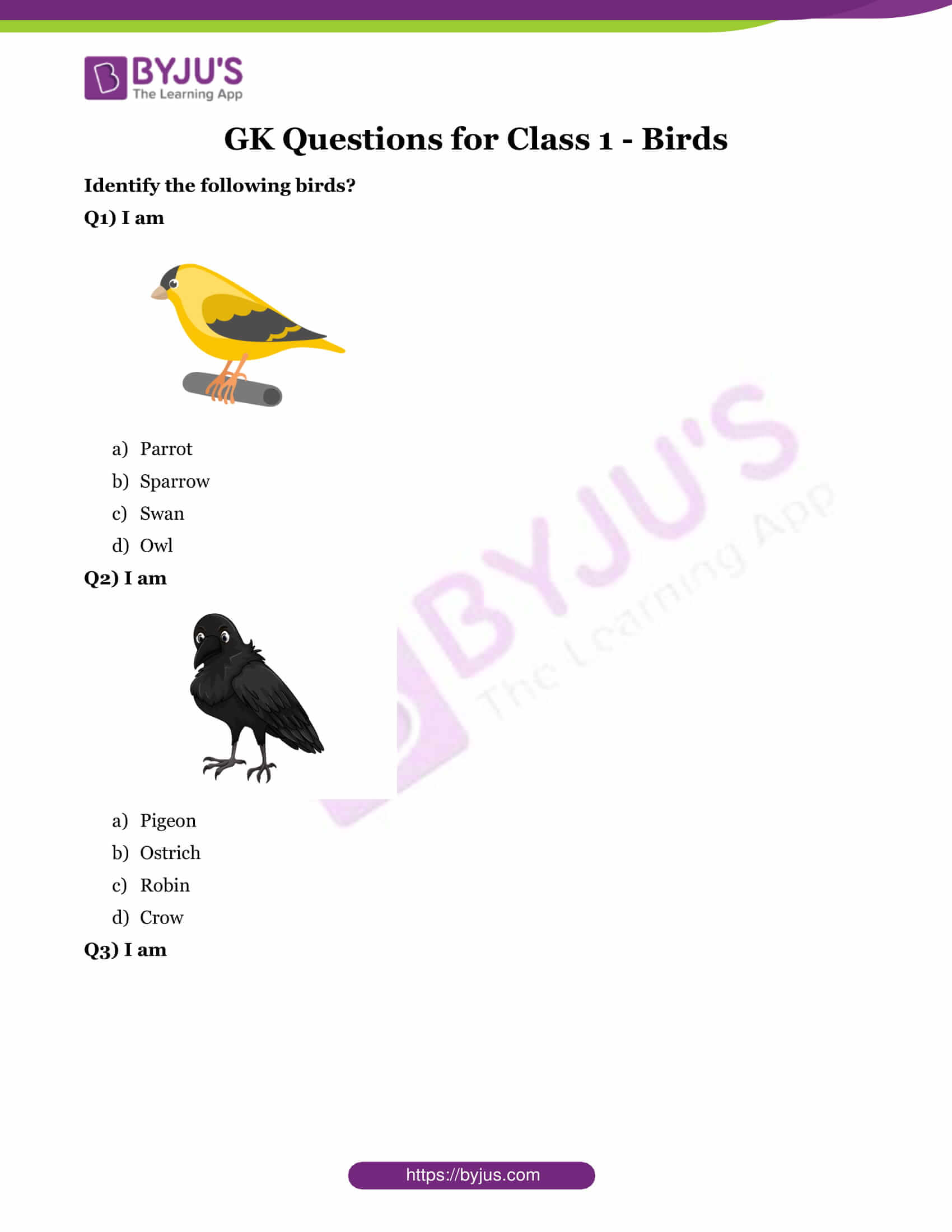 GK Questions On Birds With Answers For Class 1 Download Printable PDF