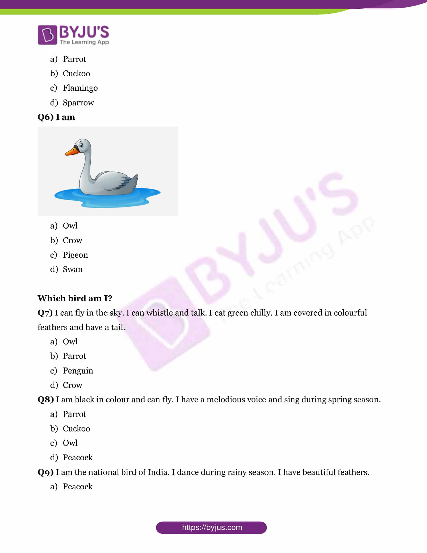 gk questions on birds with answers for class 1 download printable pdf