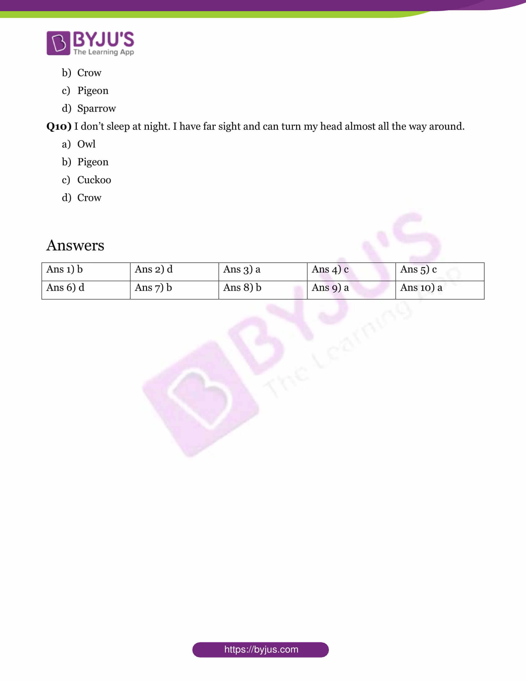 GK Questions for Class 1 - Birds