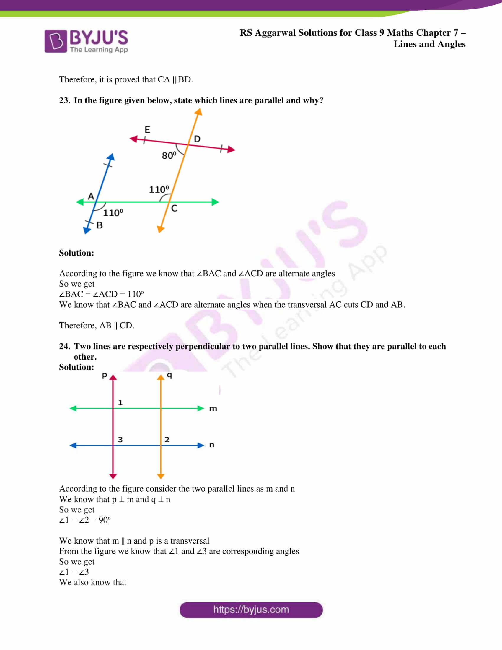 RS Aggarwal Solutions for Class 9 Chapter 7 Lines and Angles Free Download