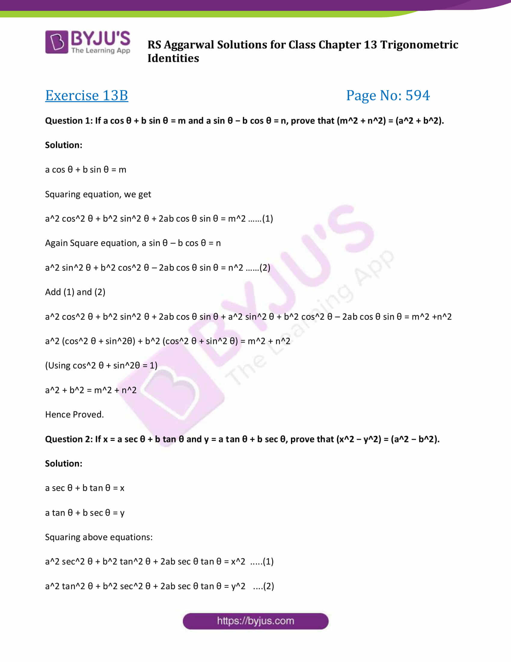 Rs Aggarwal Class 10 Trigonometric Identities Solutions Chapter 13 Ex 13b Rs Aggarwal Class 10 Trigonometric Identities Solutions Chapter 13 Ex 13b