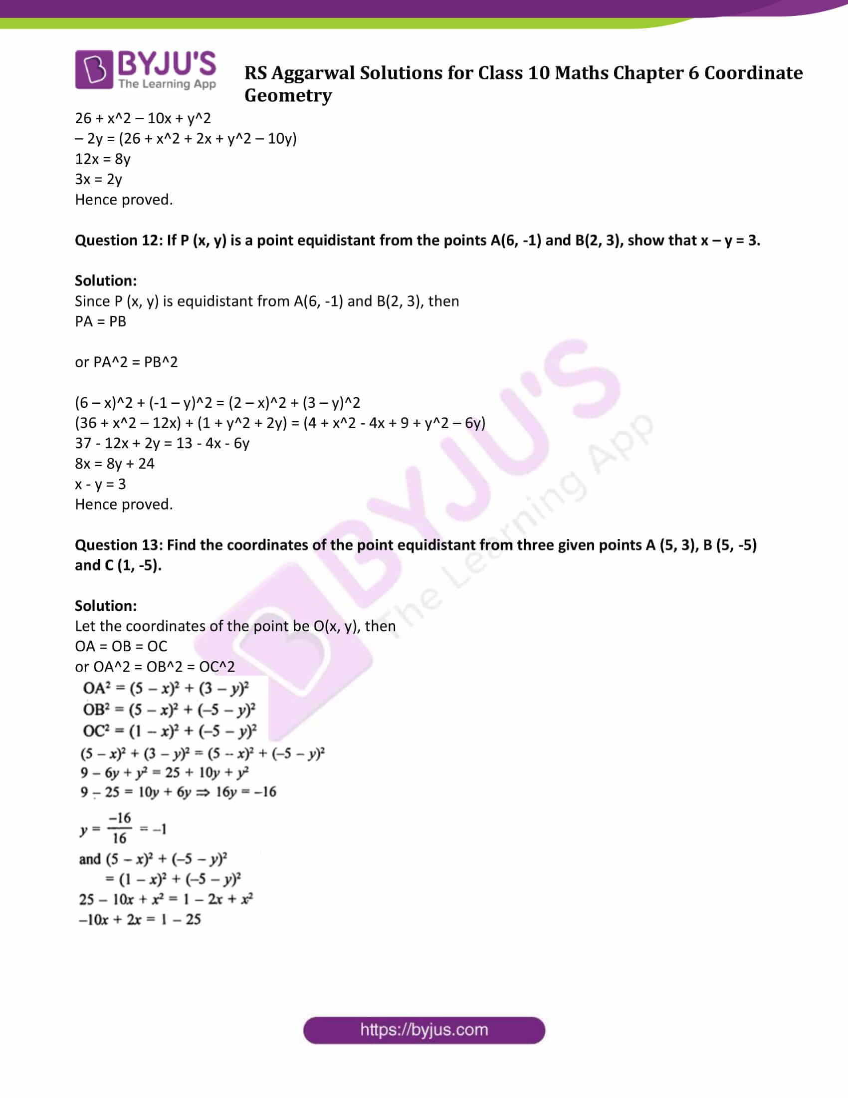 Rs aggarwal solutions for class 10 exercise 6a chapter 6 coordinate