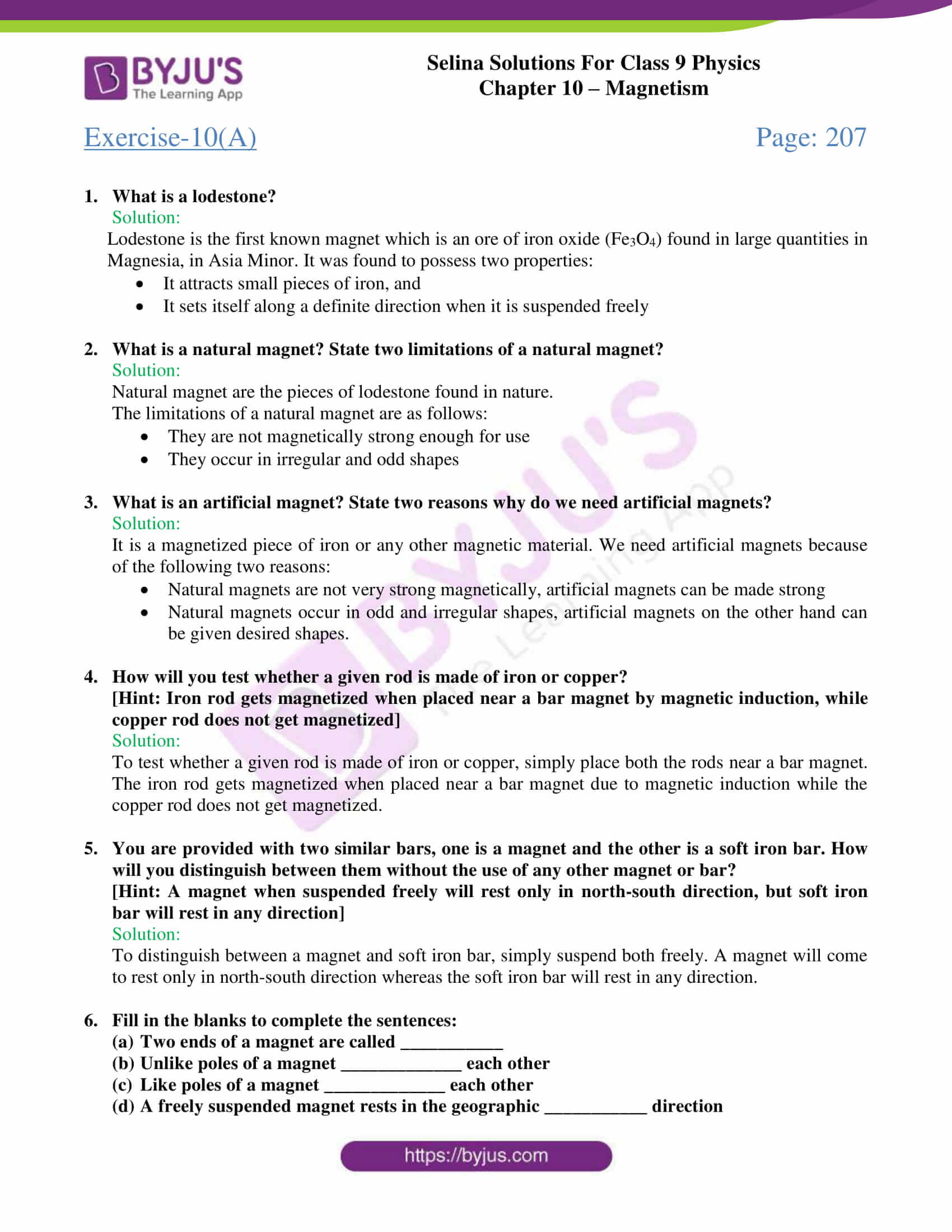 Selina Solutions Class 9 Concise Physics Chapter 10 Magnetism Download 